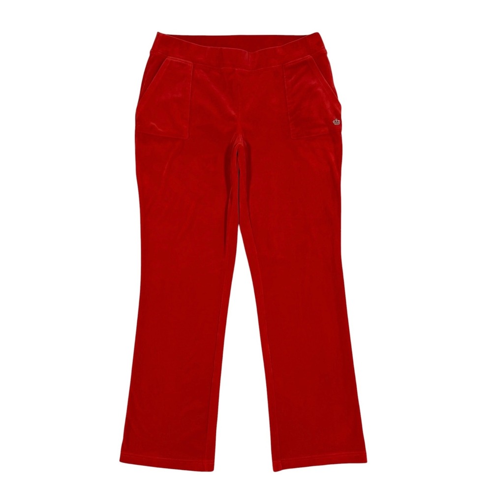Juicy Couture Red Velour Track Pants Women's Size Large Straight Leg Crown Logo